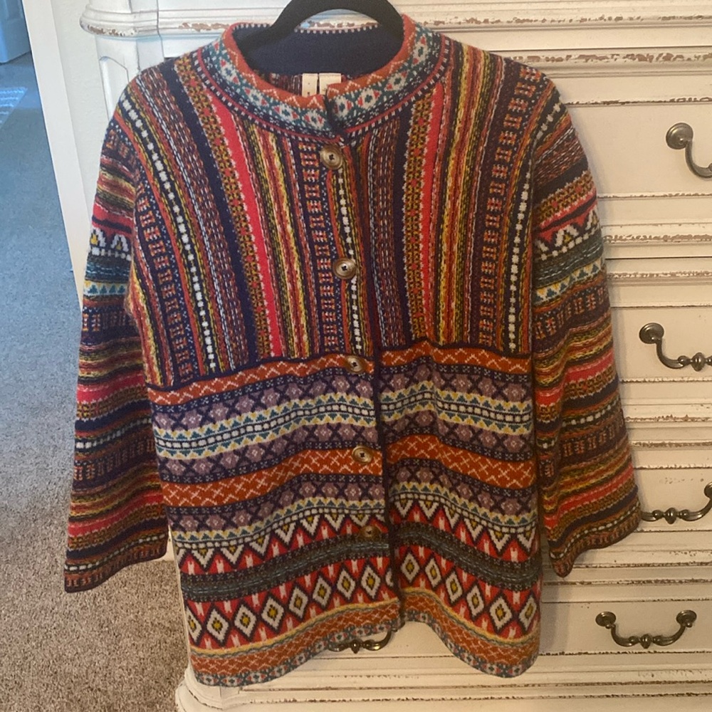 Anthropologie warm sweater, jacket, fun colors, new condition only worn once